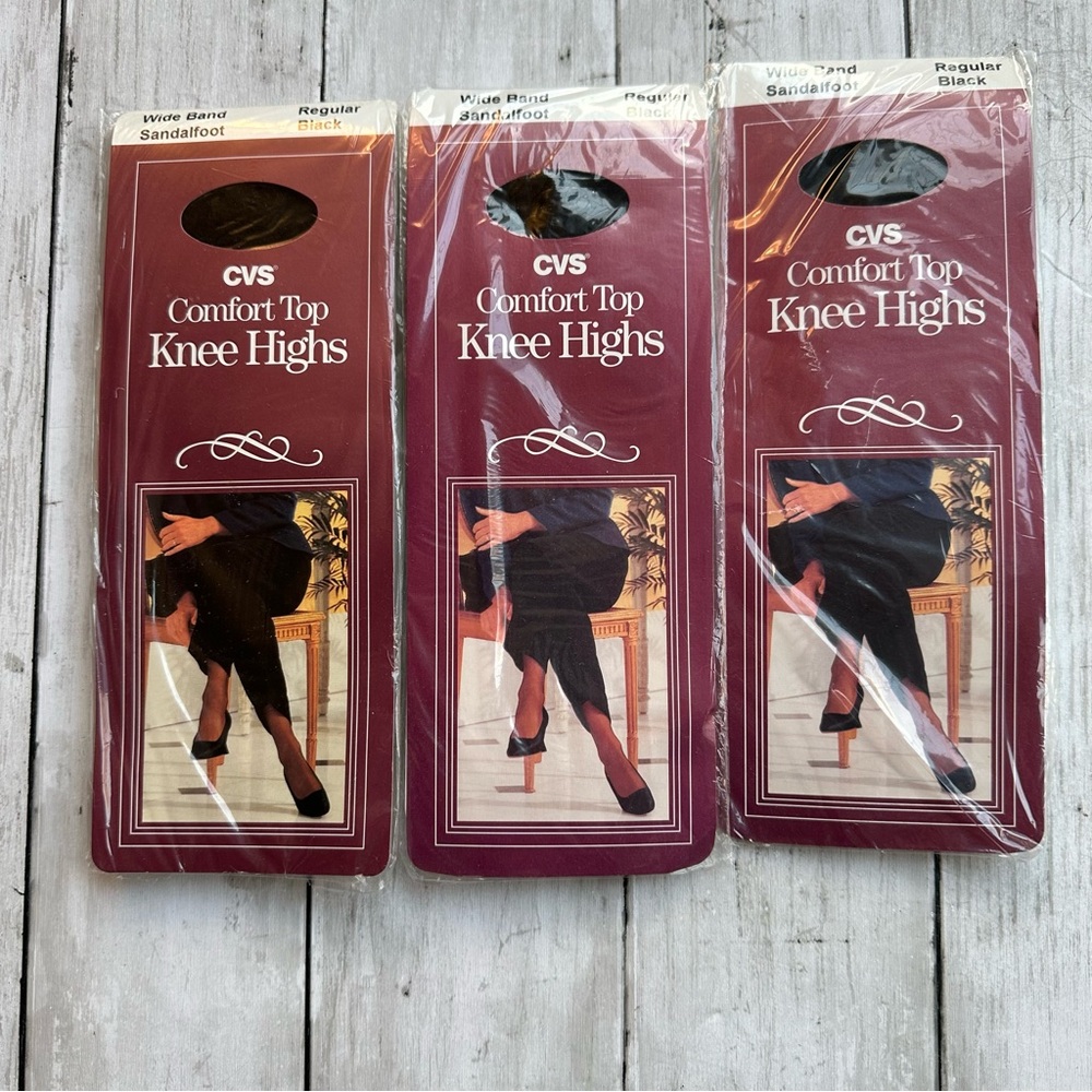 VINTAGE CVS COMFORT TOP KNEE HIGHS BLACK SANDAL FOOT REGULAR SET OF 3